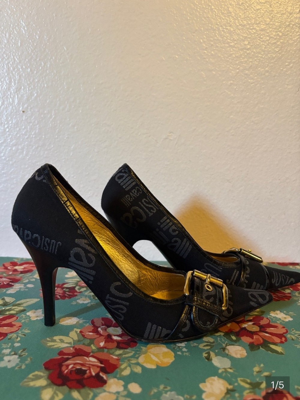Just Cavalli Black Logo-Print Pointed Heel with Gold Buckle, 3.5” Heel